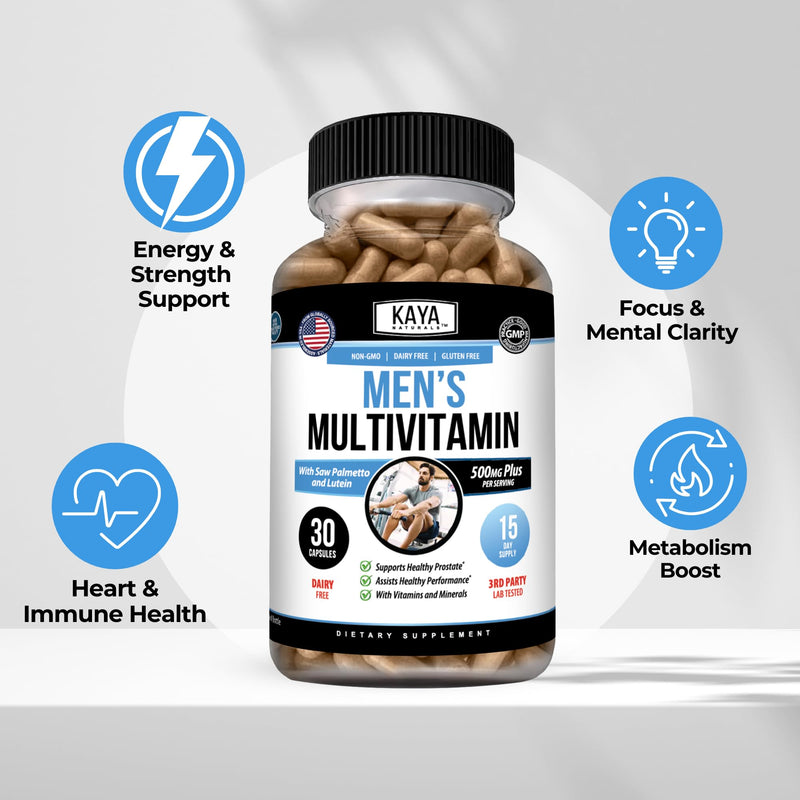 Kaya Naturals Men’s Multivitamin with Saw Palmetto & Lutein, 30 Capsules | 20 Vitamins & Minerals - Saw Palmetto; Lutein, Lycopene; Botanical, Immune & Antioxidant Blends - Vegetable Capsules 30 Count (Pack of 1)