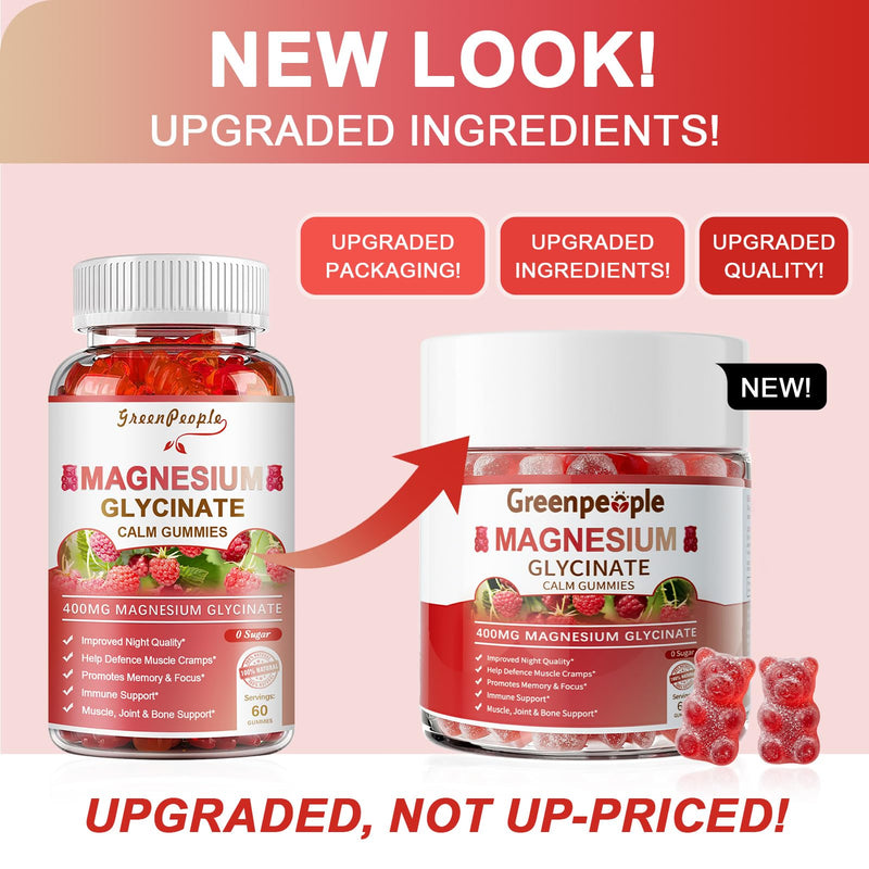 GREENPEOPLE Magnesium Glycinate Gummies 400mg - Raspberry, 60ct | Chelated Sugar Free,High Absorption Supplement with Magnesium Citrate,Vitamin D & B6 Calm,Sleep & Stress Support for Adults 60 Count (Pack of 1)