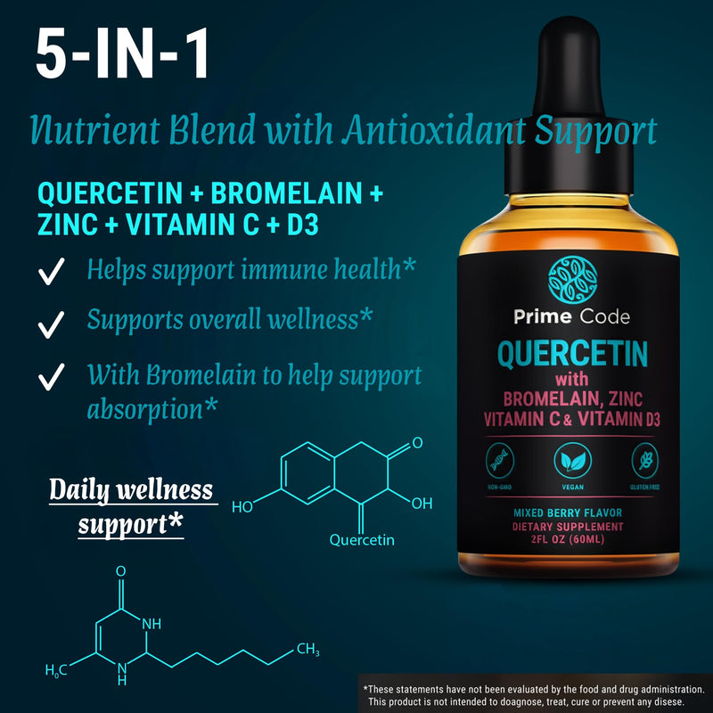 Prime Code Quercetin Liquid with Bromelain, Zinc, Vitamin C & D3 – Mixed Berry Flavor – Vegan, Non-GMO, Gluten Free Antioxidant & Immune Support Supplement – High Absorption 2 fl oz (60mL)