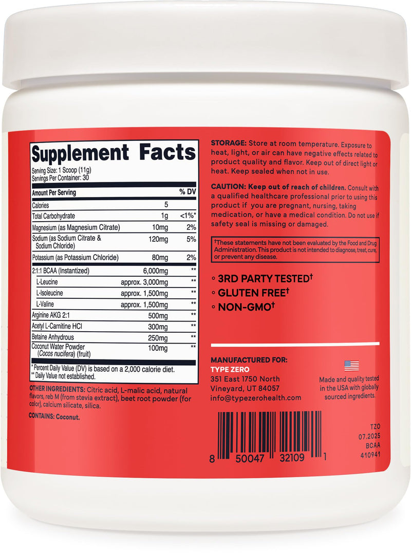 Type Zero Ultra Clean Vegan BCAA Powder + Electrolytes Tropical Fruit Punch | 6g Per Serving, 2:1:1 Sugar-Free, No Sucralose, BCAAs Amino Acids Supplement, After Workout Drink, 30 Servings