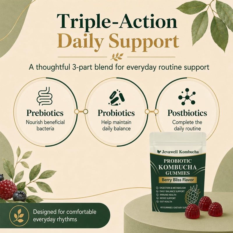 1PCSJevawell Kombucha Gummies,Enhance Immunity,60 Gummies | Jevawell Probiotic Kombucha Gummies - Prebiotics,Probiotics,Postbiotics,Slippery Elm Bark,Mct Oil for Daily Gut and Digestive 1