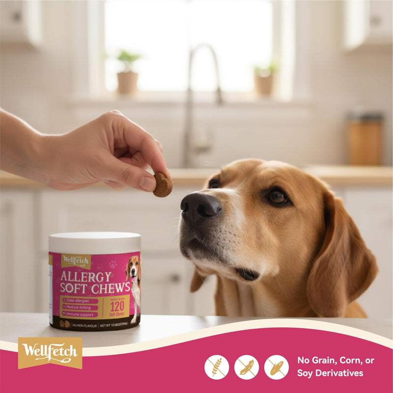 Dog Allergy and anti itch for dogs Soft Chews with Salmon oil, Colostrum & Turmeric for Itching, Skin Health, Anti Itch Natural Grain Free Treats, 120 Chews by wellfetch- Salmon Flavour 1