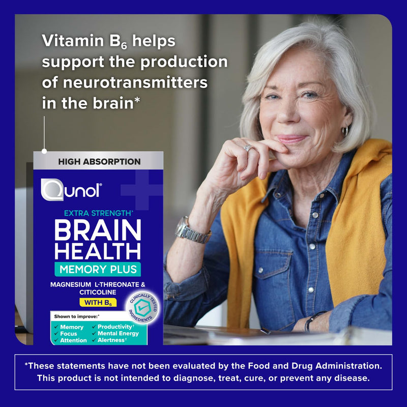 Qunol Brain Health Memory Plus w/Magtein, Cognizin & Vitamin B6, 90ct | Combines Two Clinically Tested, High Absorption Ingredients to Improve Memory, Focus, Attention, Productivity 90 Count (Pack of 1)