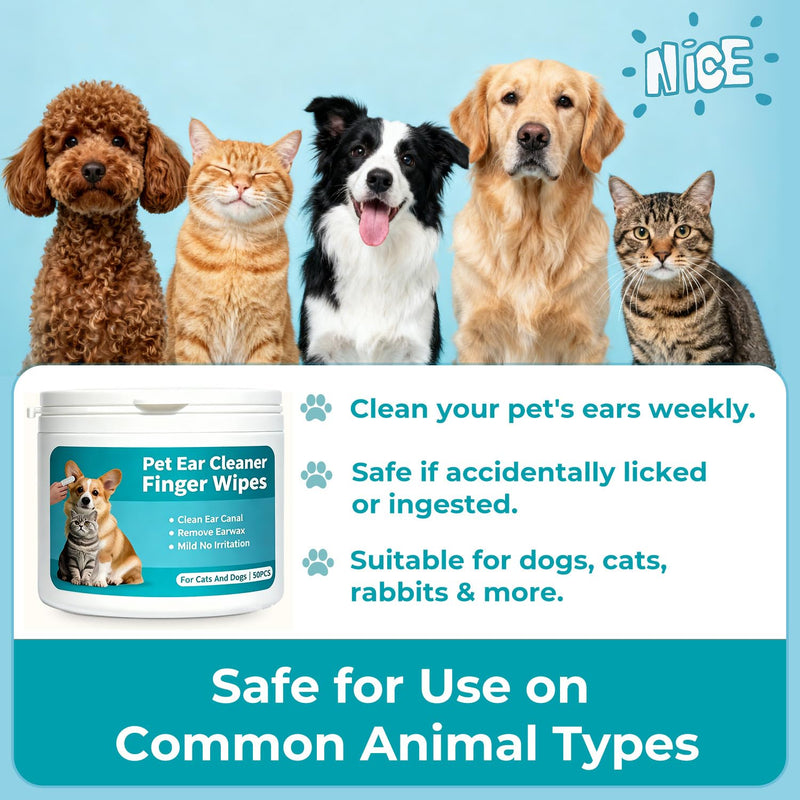 Pet Ear Cleaner Finger Wipes for Dogs, Cats, Gentle Alcohol-Free Formula, Removes Wax, Debris, 50 Count, Vet Approved, 4x8cm Ear Finger Wipes - 50Counts