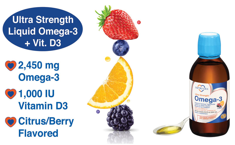 Ultra Strength Liquid Omega-3 + Vitamin D3, Fish Oil Supplements 4,500mg Omega-3 Marine Oil from Fish Oil and Calamarine, 2,130mg DHA and EPA, + 1,000 IU of Vitamin D3-6.8 fl oz