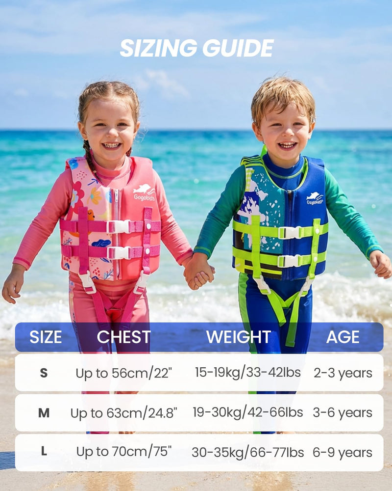 Gogokids Toddler Swim Vest, Premium Swim Vest for Kid Swimming Jacket for 30-40-50-60-70-80 Lbs Girls and Boys, Toddler Floaties Swimming Aid with Dual Safety Strap for 2-9 Years in Pool/Puddle/Beach A-Blue S(2-3yrs/33-42lbs)