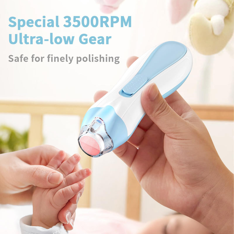 Baby Nail File Electric Baby Nail Care Set with LED Light, Baby Nail Clipper Electric for Newborn/Infants/Adults Toenails and Fingernails, 7 Grinding Head Replacement Pads, Blue