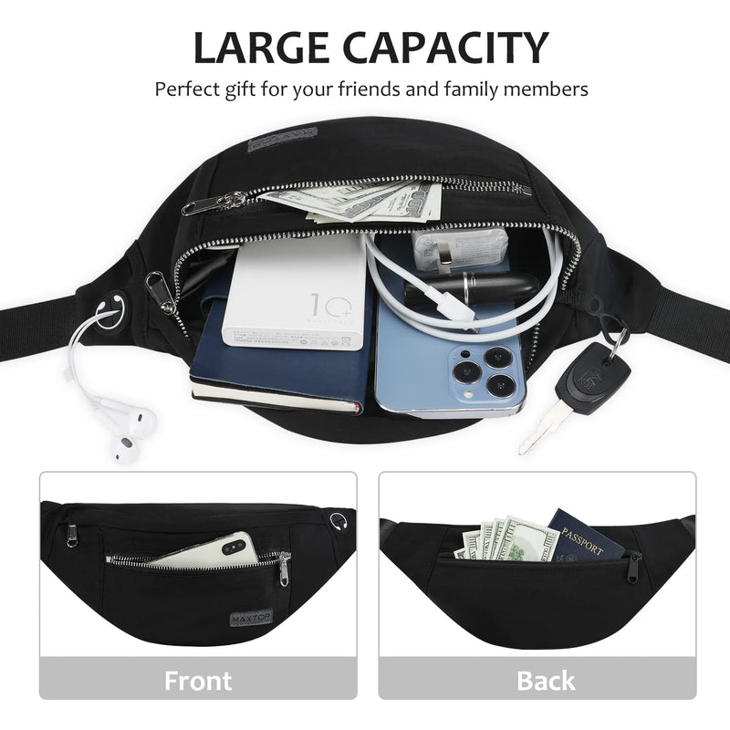MAXTOP Large Crossbody Fanny Pack with 4-Zipper Pockets,Gifts for Enjoy Sports Festival Workout Traveling Running Casual Hands-Free Wallets Waist Pack Phone Bag Carrying All Phones Black(Washed Nylon with Silver Metal Zipper)