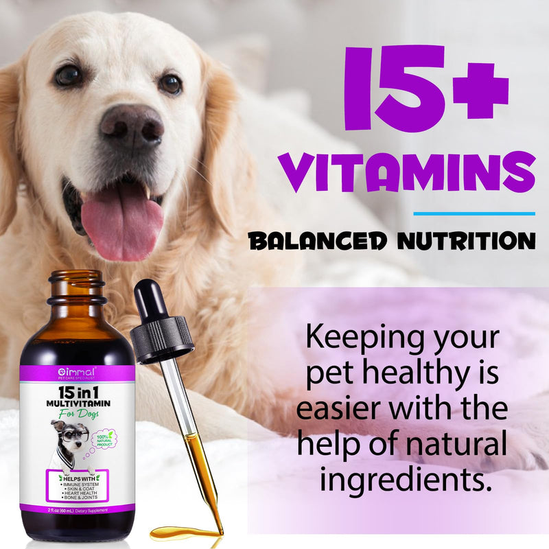 Dog Multivitamin, 15 in 1 Multivitamin for Dogs, Dog Vitamins Liquid Supplements Drops for Hip & Joint, Skin & Coat, Immune, With Glucosamine and MSM