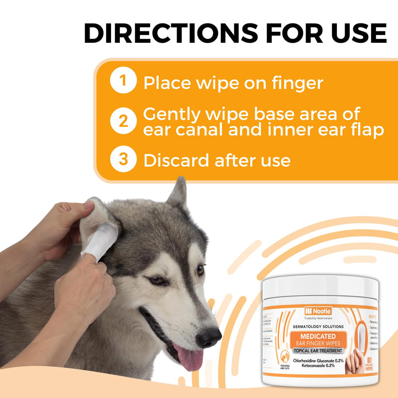 Nootie Medicated Ear Finger Wipes with Chlorhexidine for Dogs, Gentle Dog Ear Cleaning Wipes for Itchy, Sensitive Ears - Helps Remove Wax, Dirt Buildup, & Odor 80 Wipes - Made in USA