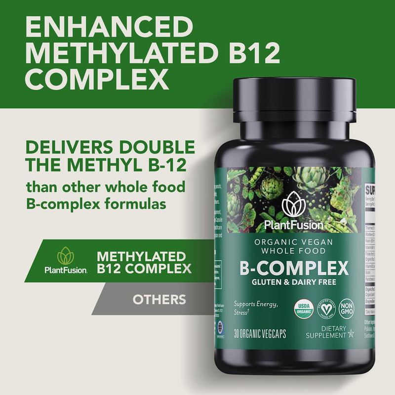 PlantFusion Organic Vitamin B-Complex, Vegan Whole Food Supplement for Energy & Metabolism, Methylated B12, Guava, Lemon & Basil, Non-GMO, Gluten-Free - 30 Capsules 30 Count (Pack of 1)
