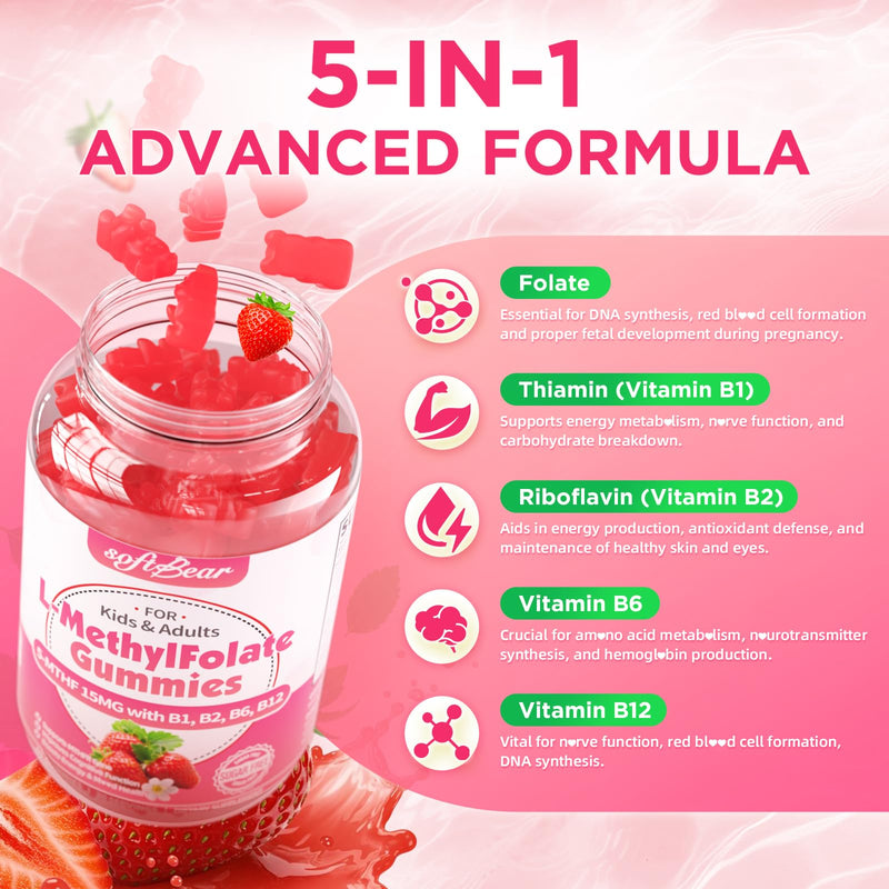 softbear L-Methylfolate Gummies 15mg for Kids & Adults, Organic Methylfolate Supplement 5-MTHF Plus Methyl B12, B1, B2, B6 Support MTHFR Gene, Cognition Function, Strawberry Flavor 120 Count 60 Count (Pack of 2)