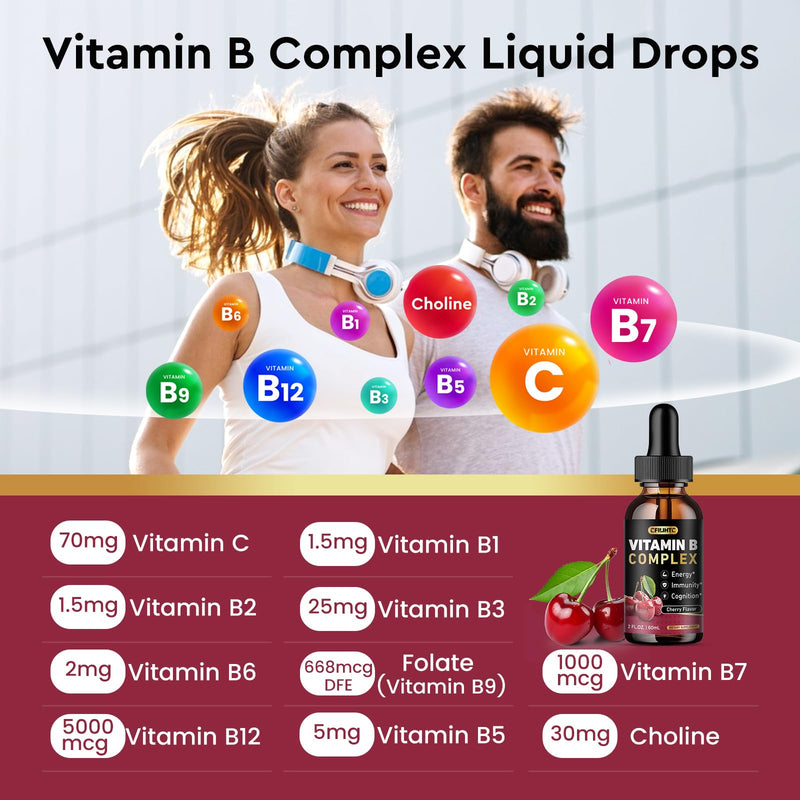 CFILIHTC Vitamin B Complex Liquid Drops, B Vitamins Complex Supplement with B1, B2, B3, B5 B6, B7, B9 & Methyl B12 Drops for Adults & Kids, Vegan, Cherry Flavor 2 Fl Oz (Pack of 1)