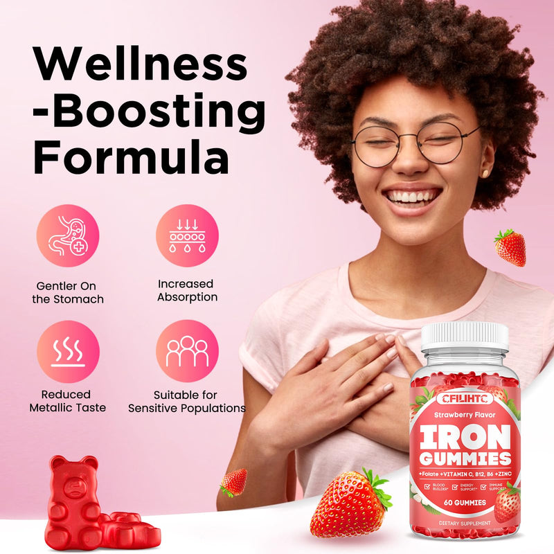 2 Pack Iron Gummies for Women & Men - Iron Supplement with Vitamin B6, B12, C, Zinc, Folate for Adults & Kids - Support Iron Deficiency, Anemia, Energy Boost, Blood Builder - Sugar Free Strawberry 60 Count (Pack of 2)