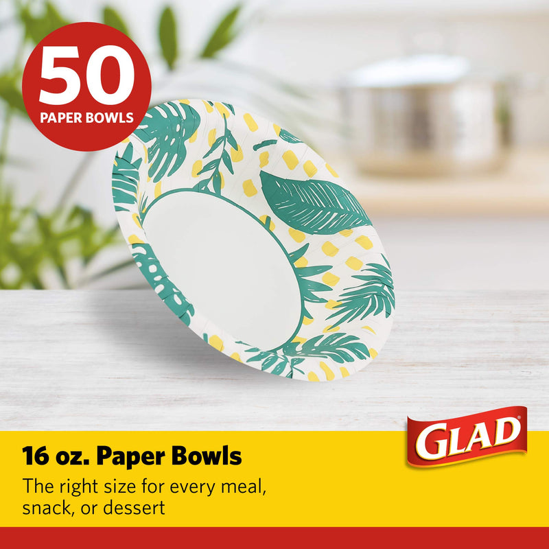 Glad Disposable Heavy Duty Cut Resistant Microwave Safe Paper Bowls with Palm Leaves Design for Hot Soup and Ice Cream for Everyday Use, 16 Oz, 50 Count 16 Ounce - 50 Count Green - BeesActive Australia
