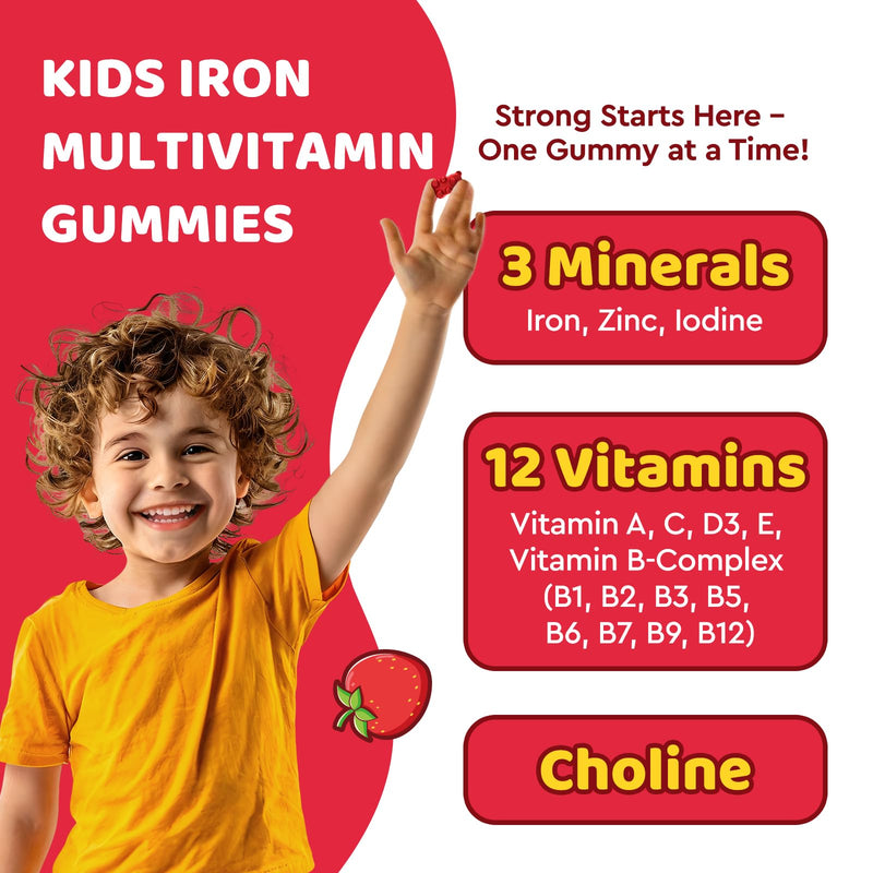 Iron Supplement Gummies for Kids, Kids Multivitamin with Iron Gummies - Zinc, Vitamin B Complex, A, C, D3, B12, Folate for Blood Builder & Energy Support, Iron Deficiency, Vegan Strawberry 60 Gummies 60 Count (Pack of 1)