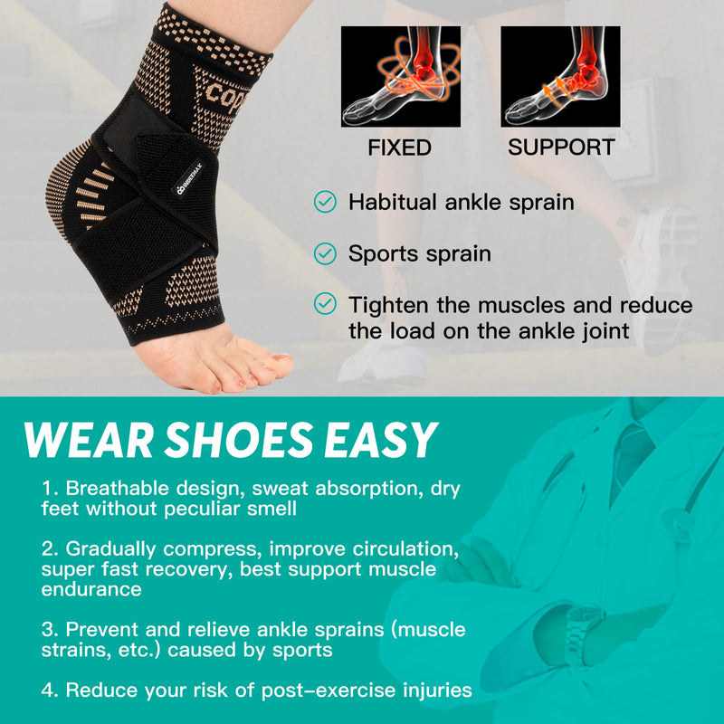 INDEEMAX Ankle Brace for Women & Men, Ankle Compression Sleeve Support Copper Infused Ankle Brace for Sprained Ankle, Plantar Fasciitis Sports, Achilles Tendonitis Pain Relief, Copper Black, M Medium - BeesActive Australia