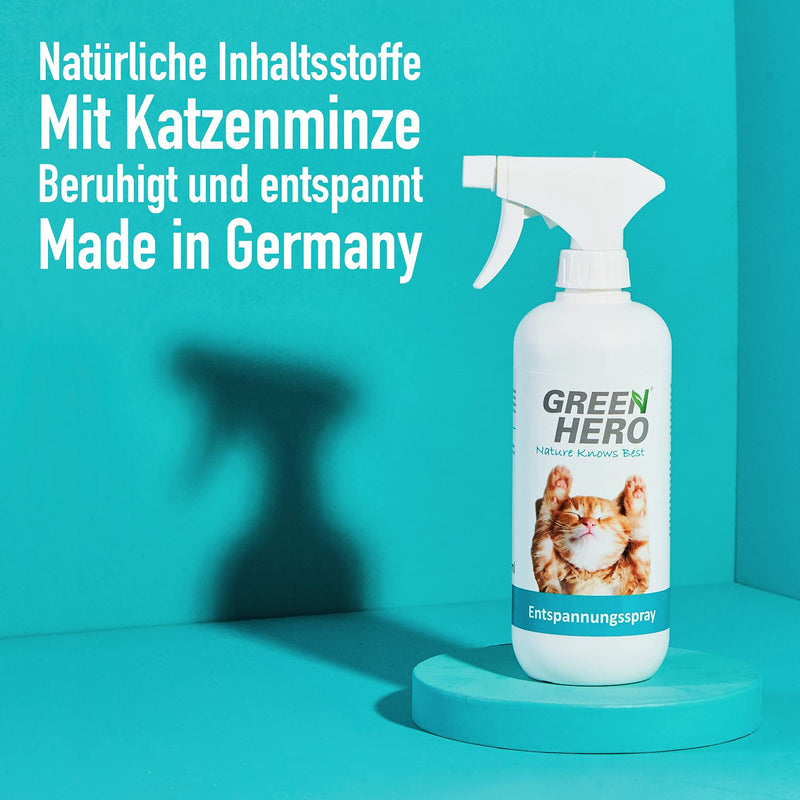 Green Hero Relaxation Spray 500 ml for cats contains calming scents such as valerian, lavender and natural catnip for well-being and relaxation - BeesActive Australia