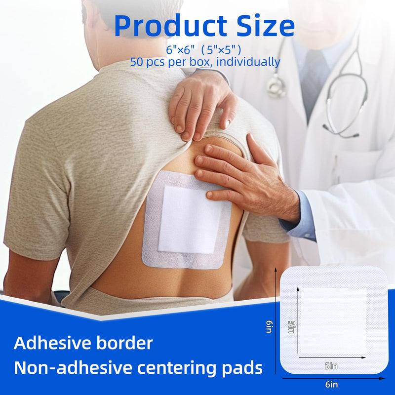 Niceful 50Pcs Adhesive Gauze Island Dressing 6"x6", Water-Resistant Wound Dressing, Sterile & Absorbent Medical Grade Dressing Pad First Aid Dressing Pads 6"x6"(50 Dressing)