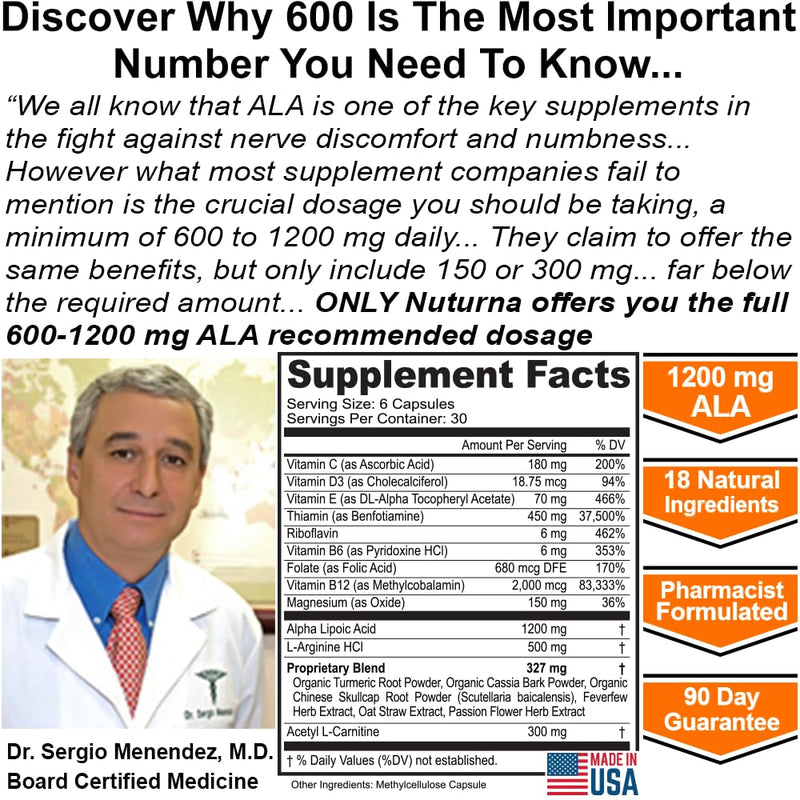 Neuroturna Support Supplement with 1200 mg Pure Alpha Lipoic Acid - Maximum Strength Formula with ALA + Vitamins + Minerals + Herbs - Best Natural Support - 180 Capsules