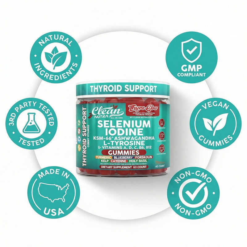 ThyroGlow Thyroid Support Gummies Selenium Iodine KSM 66 Ashwagandha L Tyrosine Vitamin D, C, B12, B6 Turmeric Blueberry Holy Basil Folate Bladderwrack By Clean Nutra