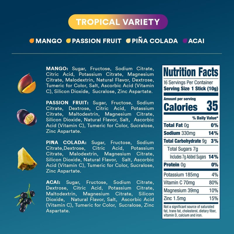 DripDrop Hydration Tropical Variety Pack, Electrolyte Packets, 16 Count | Mango, Açaí, Passion Fruit & Piña Colada; 3X Electrolytes, Vitamin C, Magnesium, Zinc; Single Serve Powder Drink Mix