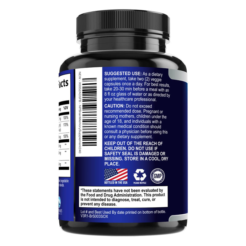 Brain Memory Supplement Pills - 3X Strength Nootropics for Concentration, Clarity & Focus Support - Brain Health Cognitive Vitamins B6 B12 with Folate & Phosphatidylserine, Brain Booster, 240 Capsules 240 Count (Pack of 1)