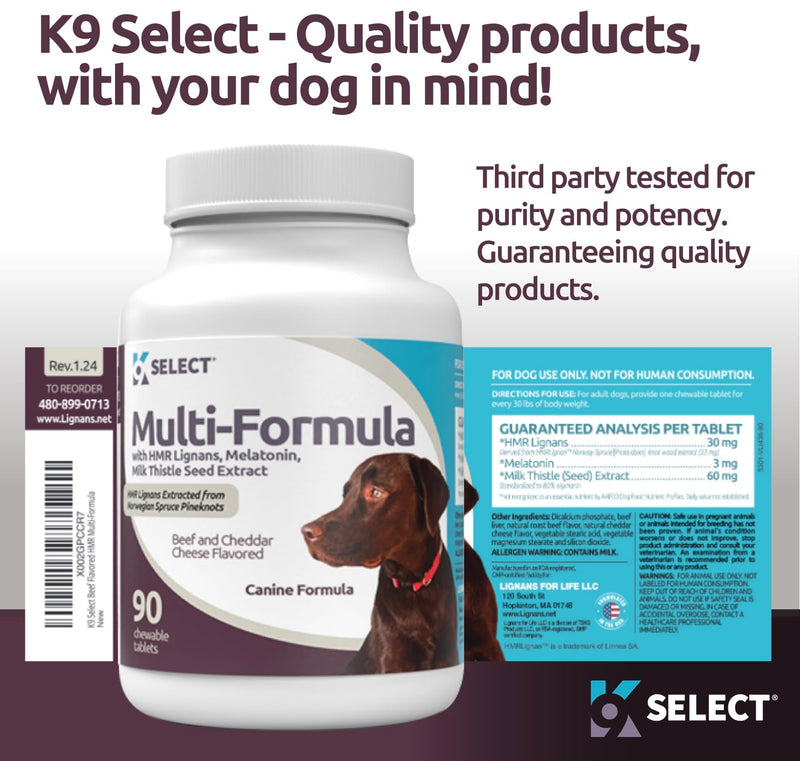 K9 Select Multi-Formula Dog Vitamins for Large Dogs - 30mg HMR Lignans, 3mg Melatonin, 60mg Milk Thistle - Helps Heart, Liver, Digestion, Skin & Coat Health, Dog Multivitamin, 90 Tablets, Beef Flavor 30mg Beef Flavored