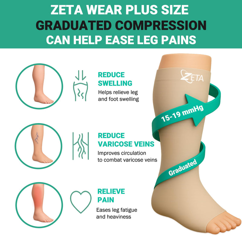 Zeta Wear Plus Size Compression Sleeves 15-19mmHg Medical Grade Wide Calf 1 Pair - Black 2XL - BeesActive Australia
