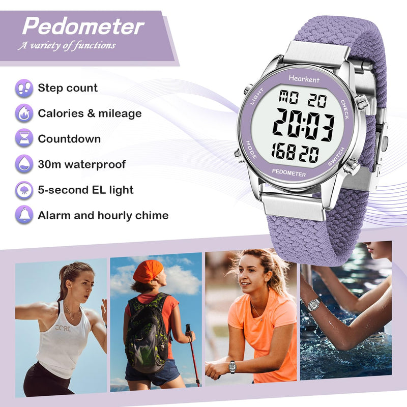 Hearkent Women Pedometer Watch for Walking Steps and Miles-Step Counter for Calories,30M Waterproof-EL Backlight-Countdown-Stopwatch-No App Step Tracker for Adults Seniors purple - BeesActive Australia