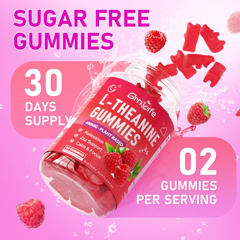 L-Theanine Gummies for Kids & Adults, L'Theanine 400mg with Ashwagandha, GABA, 5HTP, L Theanine Supplement for Calm, Zzz & Relaxation Support, Raspberry Flavor, 60 Counts 60 Count (Pack of 1)