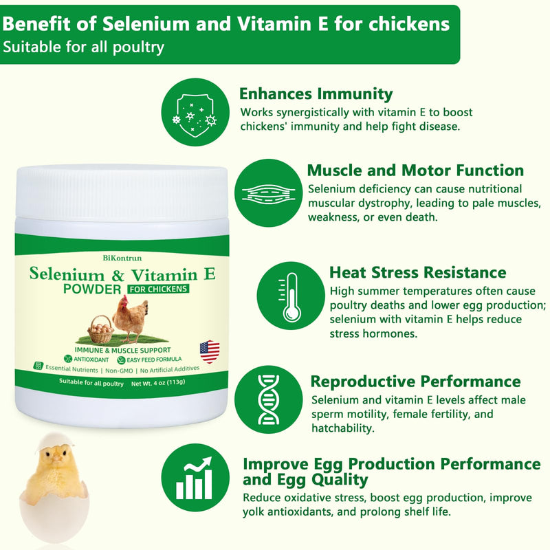 Selenium and Vitamin E Powder for Chickens, Selenium for Chickens, Immune System, Muscle Support & Prevents, Improve Wry Neck, Selenium, Vitamin E Supplements, Suitable for All Poultry, Chicken & More