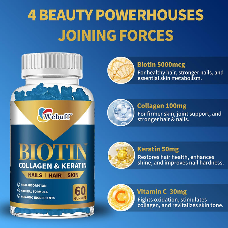 Biotin Gummies 5000mcg for Hair Growth Support - Sugar Free Multi Collagen with Keratin,Pectin Based, Hair Skin and Nails Vitamins Gummies - 60 Count 1 Count (Pack of 60)