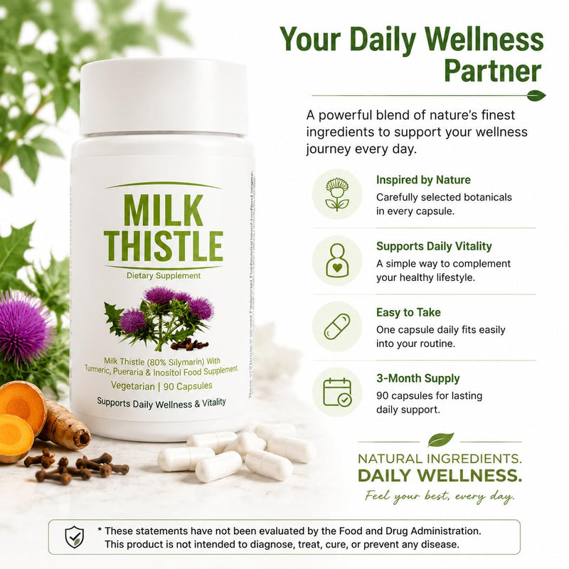 Milk Thistle Liver Detox, Vegan Support, 90 Capsules | 8 In 1 Blend Liver Support Supplement with 80% Silymarin, Inositol, Turmeric & Vitamin C, Daily Wellness Formula.1pc 1pc