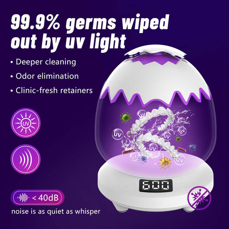 Ultrasonic Retainer Cleaner Machine for Dentures | 45kHz Dental Cleaning Pod for Mouth Guards, Aligner, Nightguard, Braces, Jewelry | 3 Timer Modes Denture Cleaner- Cooling Fan & Split-Design White