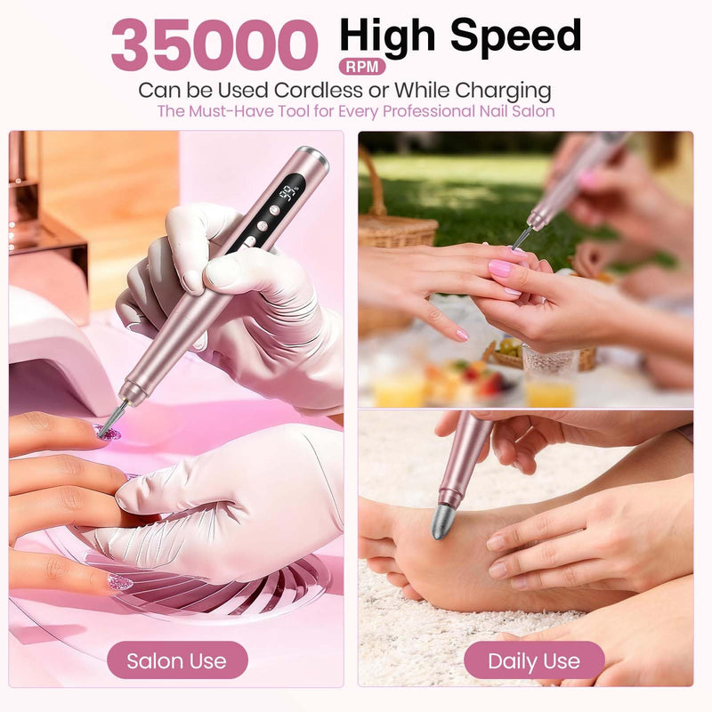 Cordless Nail Drill 35000RPM, Portable Electric Nail File for Acrylic Gel Nails, Professional Manicure Pedicure Kit, Rechargeable Pedicure Tools for feet with LCD Display, Low Noise Low Vibration Rose Gold - BeesActive Australia