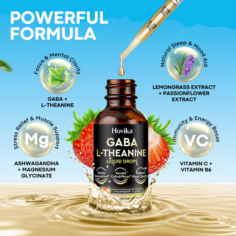GABA L-Theanine Drops - Liquid GABA L-Theanine Supplement with L-Theanine, Ashwagandha, Magnesium Glycinate, Vitamin C, B6 - Support Sleep, Relaxation, Calm Mood & Focus - Strawberry Flavor, 2 Fl Oz 2 Fl Oz (Pack of 1)