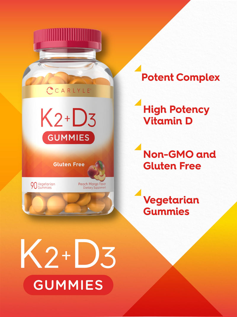 Carlyle Vitamin D3 K2 Gummies | 90 Count | 5,000 IU of D3 + 50 mcg MK7 | Peach Mango Flavor | Vegetarian, Non-GMO, and Gluten Free Supplement 90 Count (Pack of 1)