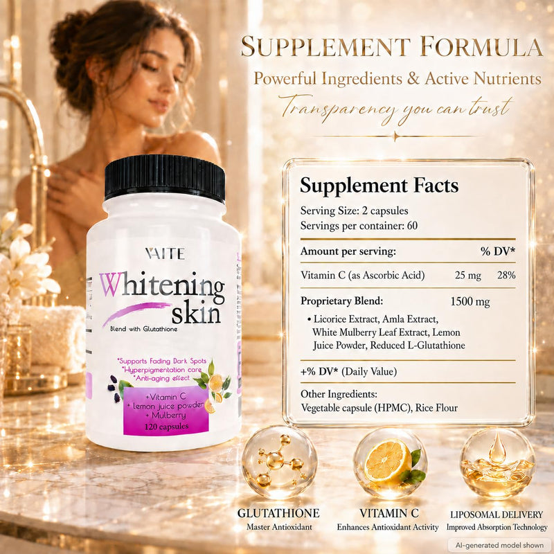 VAITE Glutathione Whitening Pills - Dark Spots & Acne Scar Remover - Vegan Skin Bleaching Pills with Anti-Aging & Antioxidant Effect - 120 Capsules (2 Pack) 60 Count (Pack of 2)
