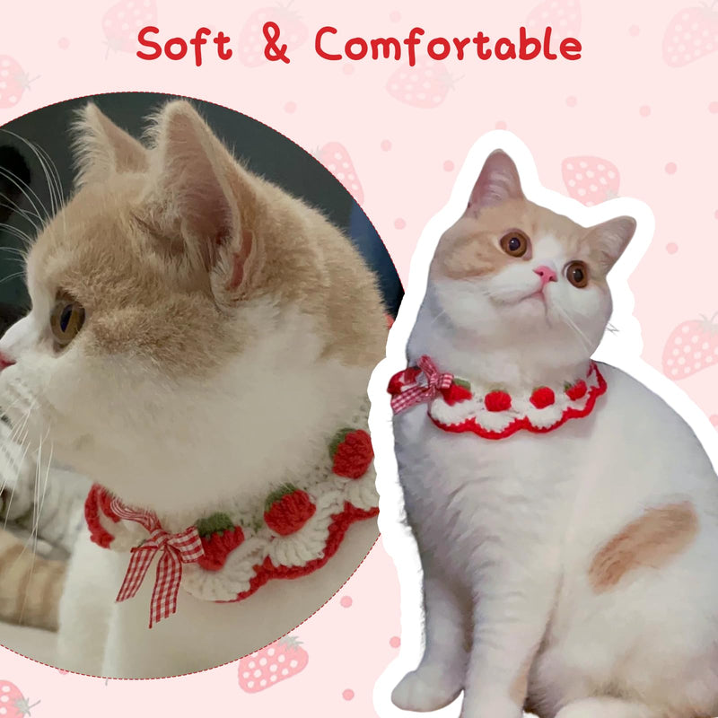 Cute Cat Collar, Cat Bandana, Strawberry Cat Collar with Bow Tie for Girl Cats Small Kitten Collar Cat Collar No Bell Cat Outfits for Female Cats Knitted Handmade Collar Breakaway for Cats, Small Dogs - BeesActive Australia