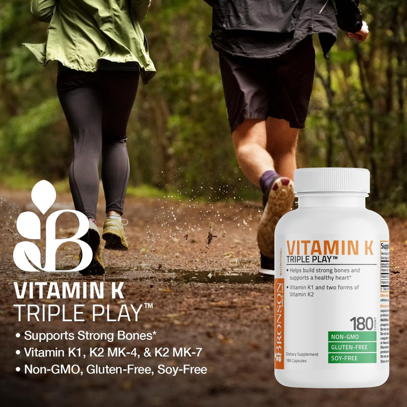 Bronson Vitamin K Triple Play Full Spectrum K1 & K2 MK-4/MK-7, 90 Capsules | 550 mcg Total Vitamin K: 100 mcg K1 + 450 mcg K2, Strong Bone Support, Non-GMO & Gluten-Free Unflavored 90 Count (Pack of 1)