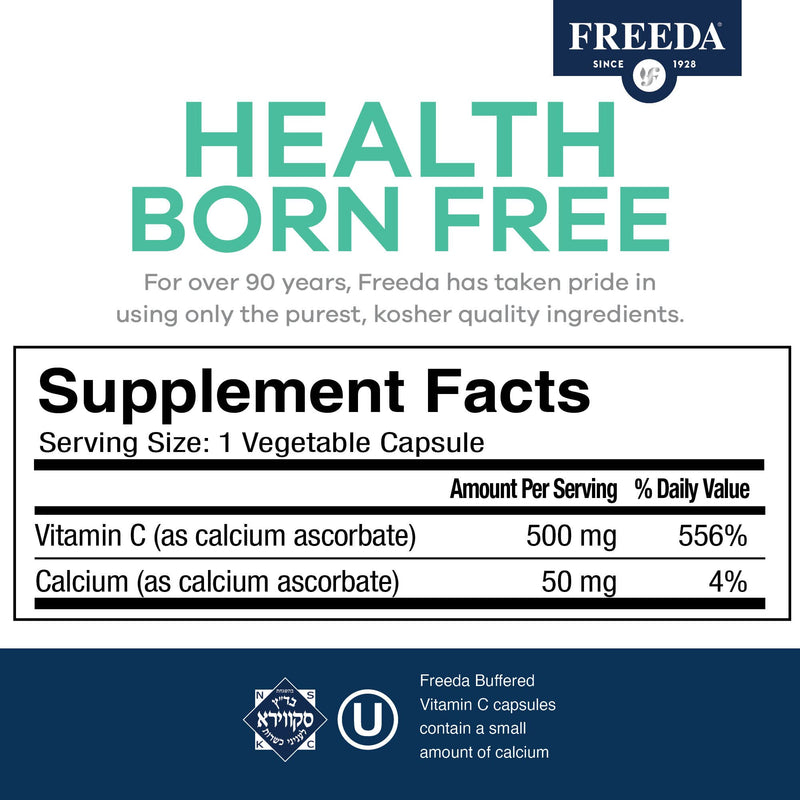 FREEDA Vitamin C - Buffered Vitamin C 500mg - Kosher - Powerful Antioxidant Immune Support - Sensitive Stomach Vitamins C Capsules Calcium Ascorbate - Vitamin C 500 mg - VIT C Supplement (250 Count) | Includes 50mg Calcium – Supports Immune Health & An...