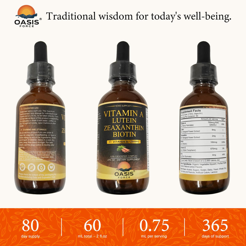 6 in 1 Vitamin A Liquid Drops with Lutein & Zeaxanthin, Vita A Retinyl Palmitate for Skin, Vision & Immune Support, Adults & Kids Ages 6+, Vegan, Non-GMO, 2 Fl Oz