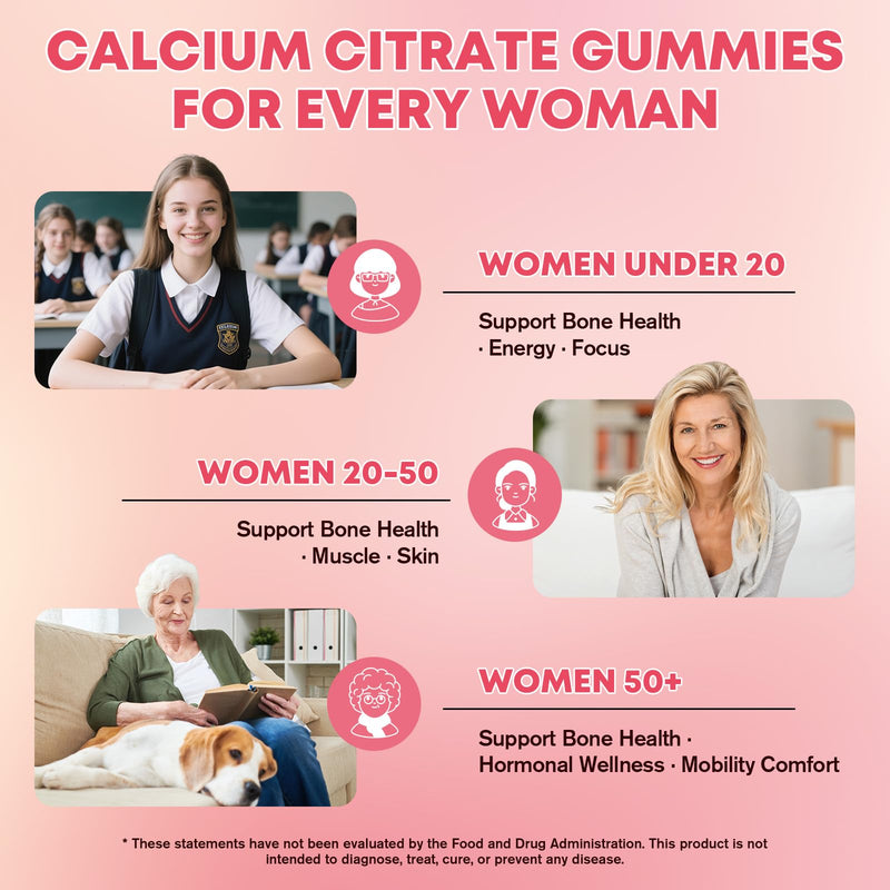 Calcium Gummies for Women，Calcium Citrate 1200 mg with Vitamin D3, K2, B12, Magnesium, Zinc & Boron, Immune Support, Calcium Supplement for Women, Vegan, Sugar-Free, 60 Count