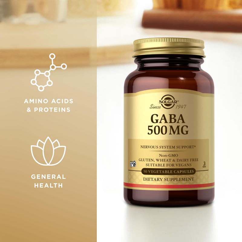 Solgar GABA 500 mg, 50 Vegetable Capsules - Relaxation & Nervous System Support - Amino Acid - Non-GMO, Vegan, Gluten Free, Dairy Free, Kosher - 50 Servings | Neurotransmitter that promotes relaxation and mental calm · Helps to fall asleep