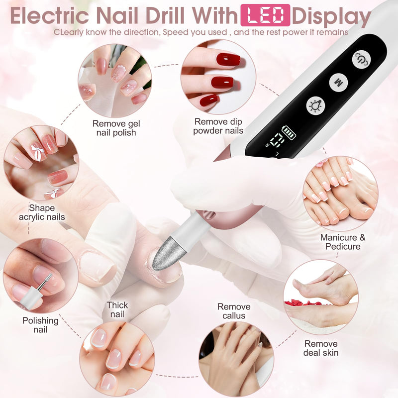 Cordless Electric Nail File Set, Professional Manicure Pedicure Kit with Memory Modes, 10 Speed Portable Nail Drill Machine, Pedicure Tools for feet, Hand Foot Care Tool for Thick Nail Toenail Cuticle Pink