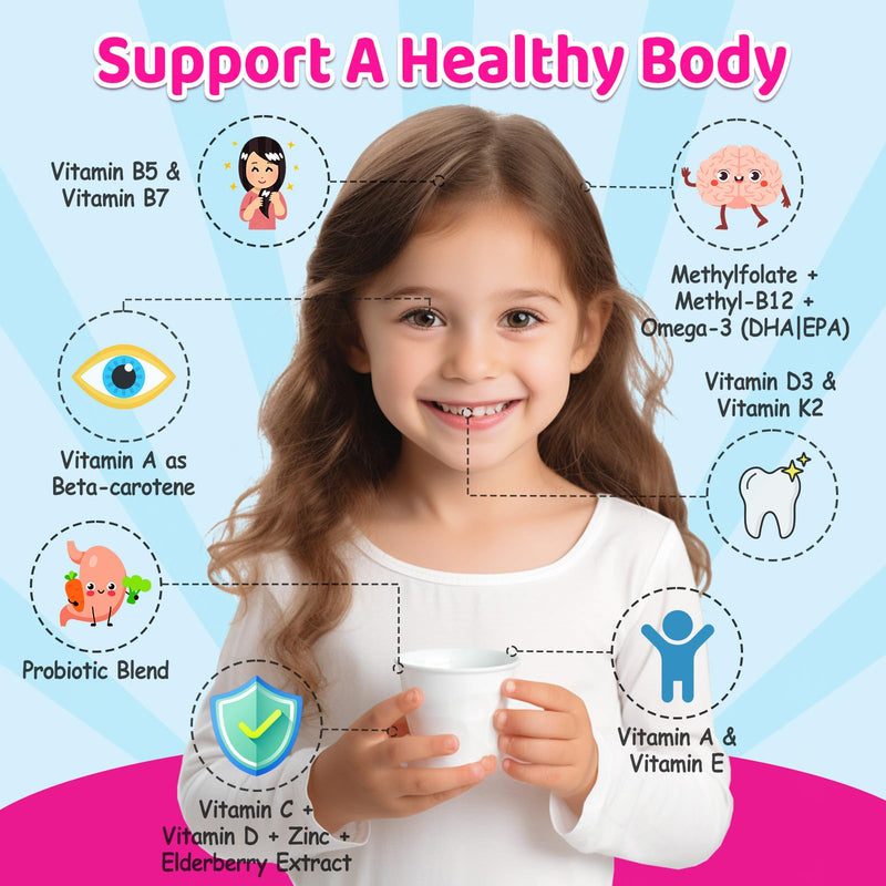 Kids Methylated Multivitamin - MTHFR Multivitamin for Kids & Teens 4+, L Methylfolate & B12, 13 Vitamins, Vegan Omega-3, Zinc, Probiotics & Elderberry, Immune Support, Brain Health, Sugar-Free 1 Pack