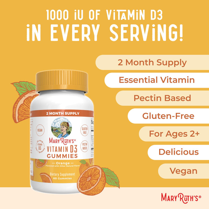 MARYRUTH'S Vitamin D3 Gummies, Adults & Kids Vitamin D, 60 Servings, Vegan | 2 Month Supply, Immune Support Supplement, 1000IU for Bone Health & Muscle Function, Vegan, Non-GMO, Gluten Free, 60 Count Non-Organic