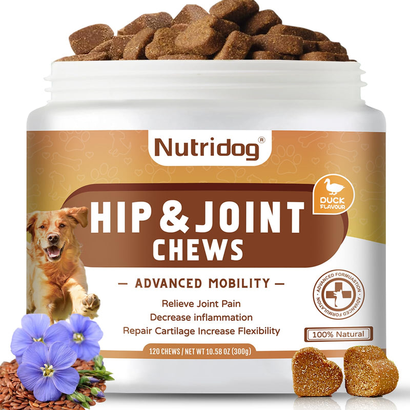 Dog Hip & Joint Chews 120 Count – Glucosamine, Chondroitin, MSM, Green-Lipped Mussel & Hyaluronic Acid for Mobility & Joint Support, Hemp Seed Oil, Duck Flavor, All Breeds