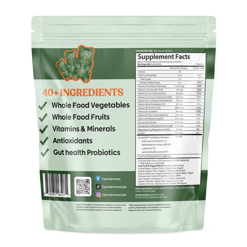 O H Optimal Human Adult Green Gummies, Superfood Greens & Probiotics, 30 Ct | Adult super greens gummies with a 4-strain paraprobiotic for daily greens, fruits & gut support, no powder needed